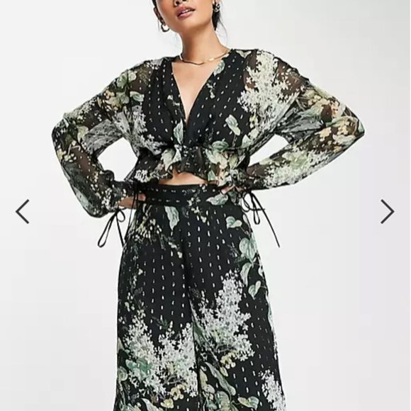 ASOS Design matching printed blouson sleeve top with tie channel waist chiffon - Picture 4 of 4